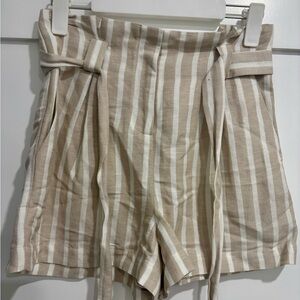 L'AGENCE Tan and White Striped High Waist Shorts ALEX PAPERBAG SHORTS